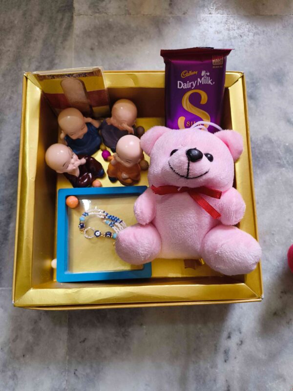 Cute Rakhi Gift Box with Teddy, Chocolates, Monks & Rakhi Bracelet
