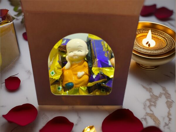 Mini Gift Box with Buddha Monk Idol & Dairy Milk Chocolates – Festive Blessings Pack
