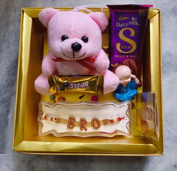 Cute Raksha Bandhan Gift Hamper for Brother – BRO Rakhi, Teddy, Chocolates & Mini Showpiece