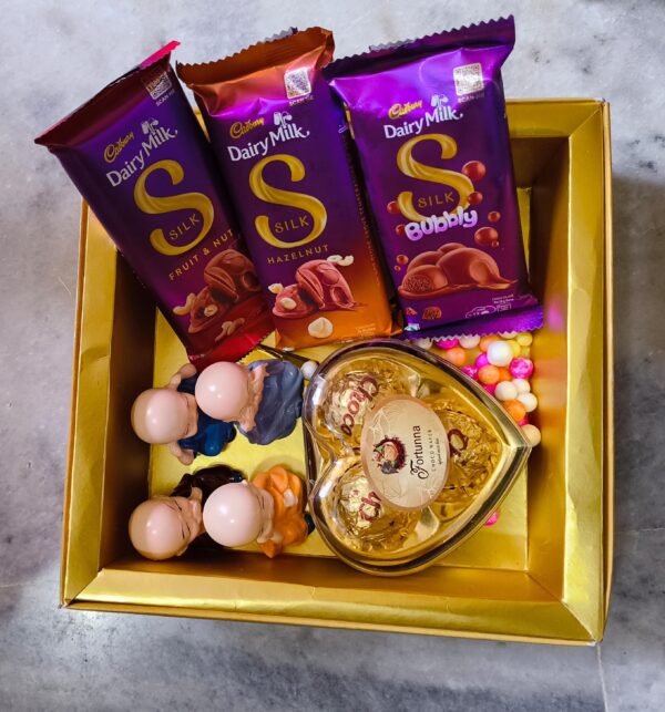 Golden Chocolate Delight Gift Box with Ferrero Rocher, Silk & Mini Monk Showpieces
