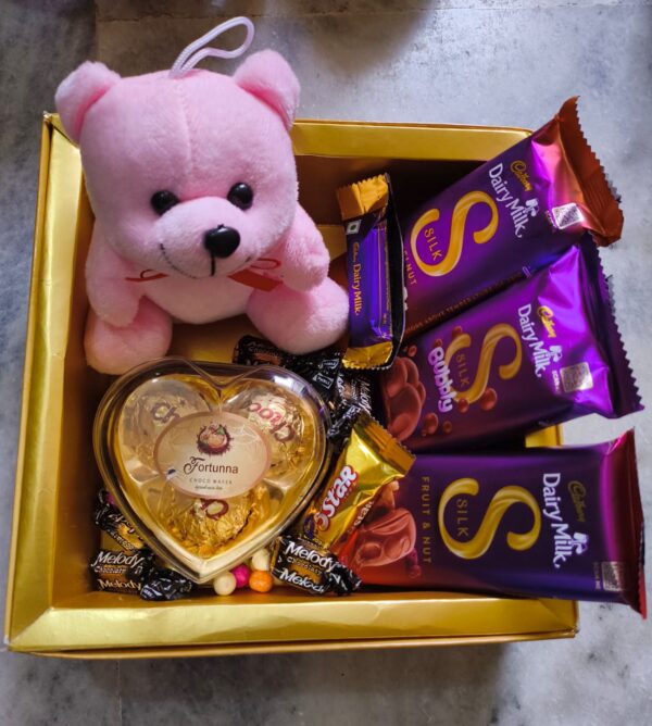 Gift Hamper with Teddy, Ferrero Rocher & Dairy Milk Silk – Golden Love Box